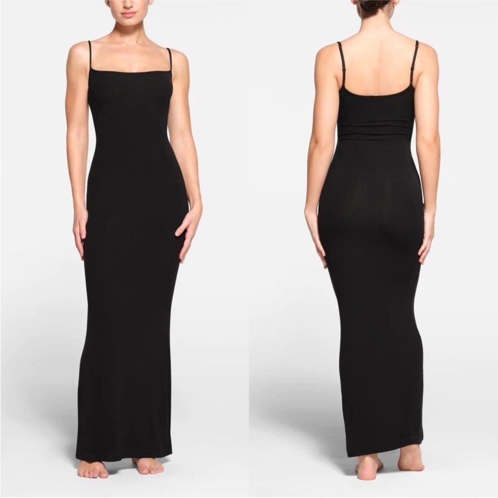 NEW NWT Skims Soft Lounge Long Slip Dress Sleeveless Bodycon Maxi Onyx Black